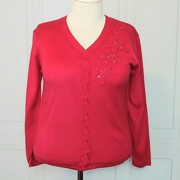 Jenny Womens XL Red Knit V Neck Button Up Cardigan Sweater Beaded Holiday - Picture 8 of 8